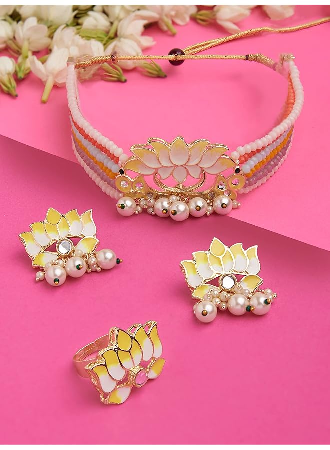 erorex Multicolor Crystals Beaded Multistrand Lotus Meenakari Choker Necklace Earring And Ring Set For Women Zpfk14751  - Image 3