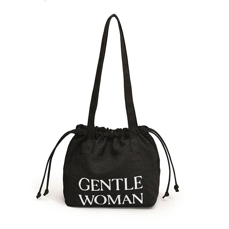 Korean-Style Letter Denim Drawstring Tote Bag Shopping Bag Casual All-Match Shoulder Crossbody Bag - Image 1