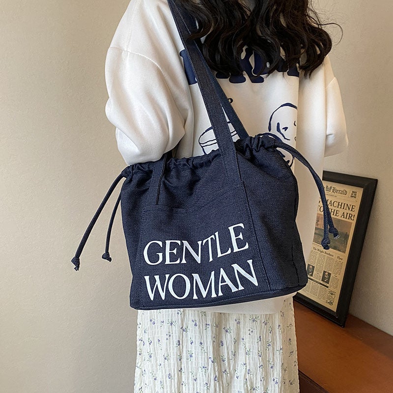 Korean-Style Letter Denim Drawstring Tote Bag Shopping Bag Casual All-Match Shoulder Crossbody Bag - Image 3