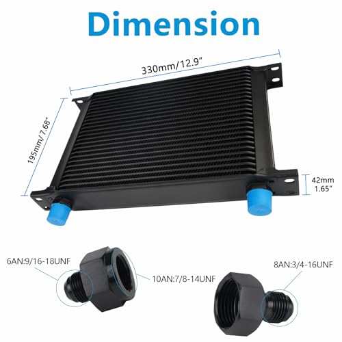 HTRACING 25 Row AN10 10AN Transmission Oil Cooler Kit Stacked Plate With 6AN 8AN Adapter Universal Engine Transmission British Radiator Oil Cooler Condenser Aluminium Alloy Black - Image 2