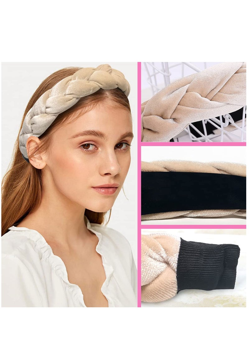إسكدنيا Headband for Girl Woman Velvet Braided Fashion Head Band Twist Hairbands Beige Braid Hair Accessories 2 Pieces - Image 3