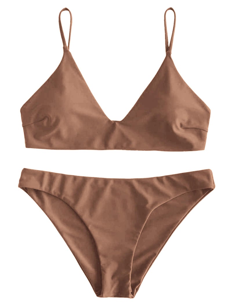 ZAFUL Women's Solid Spaghetti Strap Bralette Bikini Set Two Piece Swimsuit (1-Brown, S) - Image 1