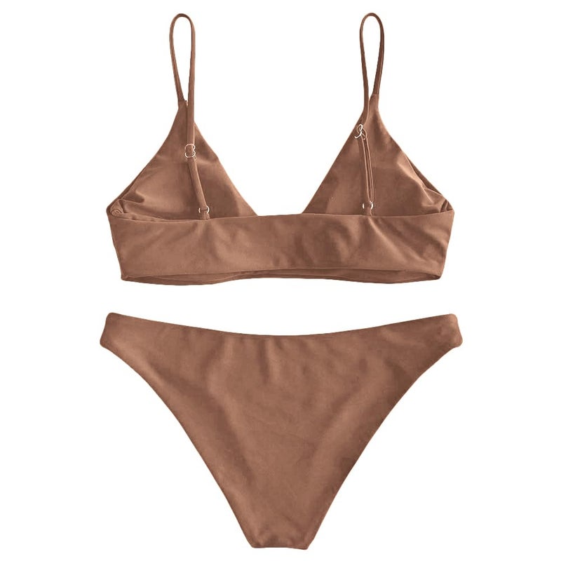 ZAFUL Women's Solid Spaghetti Strap Bralette Bikini Set Two Piece Swimsuit (1-Brown, S) - Image 3