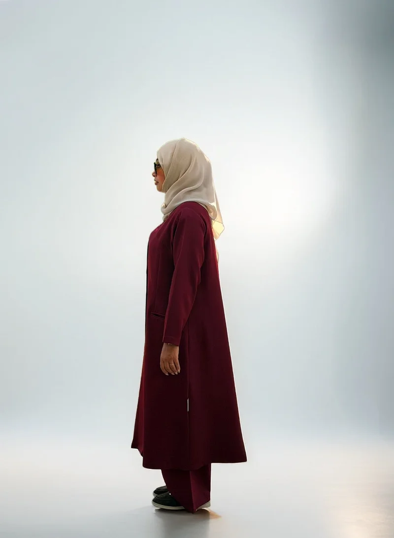 Bond Burgundy Modest Co-Ord Set with Long Jacket & Wide-Leg Pants