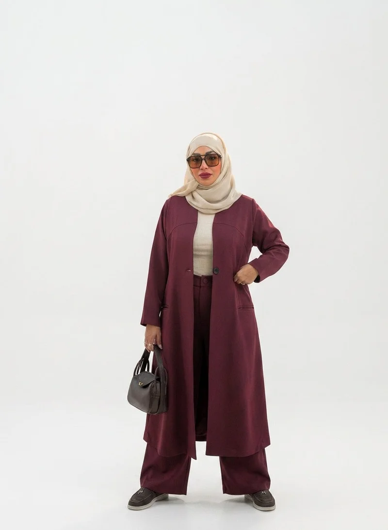 Bond Burgundy Modest Co-Ord Set with Long Jacket & Wide-Leg Pants