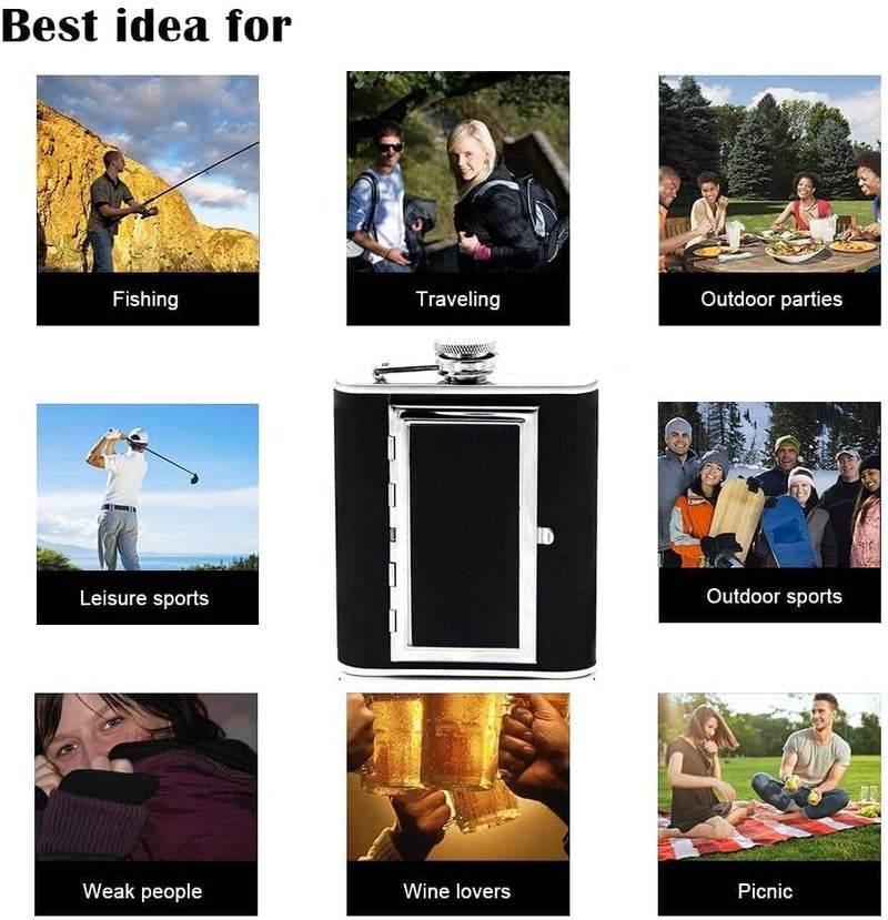Linist زجاجة فلاسكة من الفولاذ المقاوم للصدأ مع علبة سجائر مدمجة (230 مل/8 أونصات) – فلاسكة ويسكي محمولة مقاومة للتسرب مع قمع وغطاء من الجلد الصناعي | فلاسكة مشروبات صديقة للسفر (أسود) - Image 3