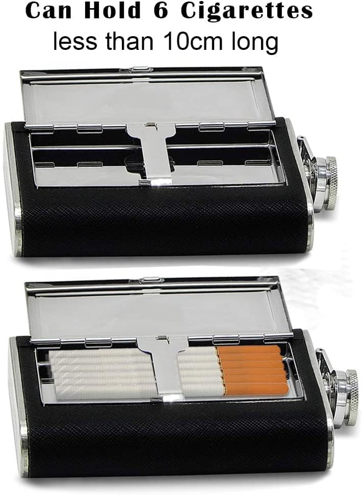 Linist زجاجة فلاسكة من الفولاذ المقاوم للصدأ مع علبة سجائر مدمجة (230 مل/8 أونصات) – فلاسكة ويسكي محمولة مقاومة للتسرب مع قمع وغطاء من الجلد الصناعي | فلاسكة مشروبات صديقة للسفر (أسود) - Image 2