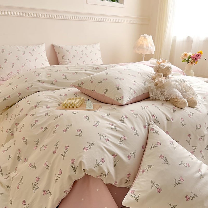 Nayoroom Pink Floral Duvet Cover Queen Size 100% Cotton Pink Tulip Printed on White Comforter Cover Reversible Heart Pattern 3Pcs Soft Breathable Cottagecore Bedding Set with Zipper Closure - Image 3