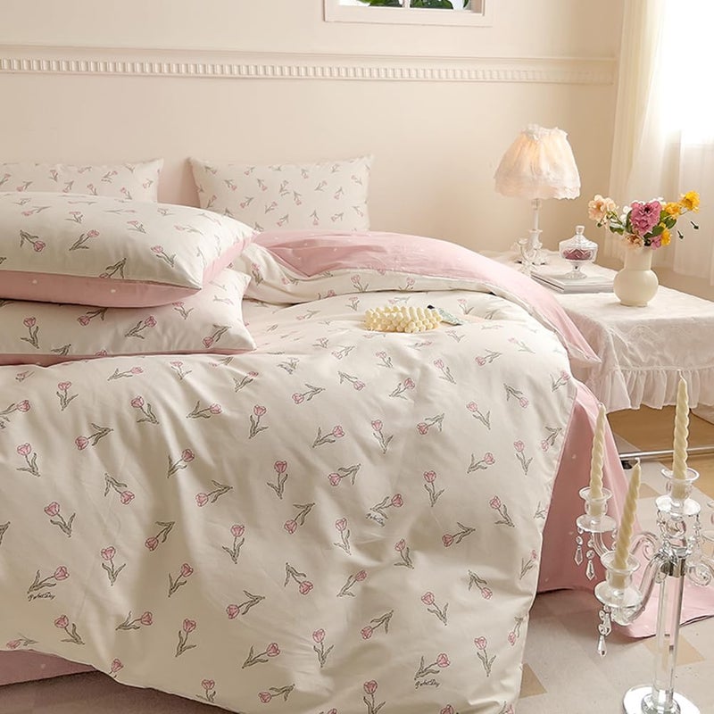 Nayoroom Pink Floral Duvet Cover Queen Size 100% Cotton Pink Tulip Printed on White Comforter Cover Reversible Heart Pattern 3Pcs Soft Breathable Cottagecore Bedding Set with Zipper Closure - Image 4