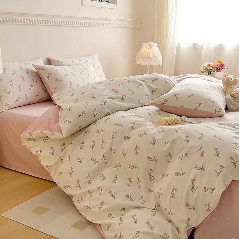 Nayoroom Pink Floral Duvet Cover Queen Size 100% Cotton Pink Tulip Printed on White Comforter Cover Reversible Heart Pattern 3Pcs Soft Breathable Cottagecore Bedding Set with Zipper Closure - Image 2