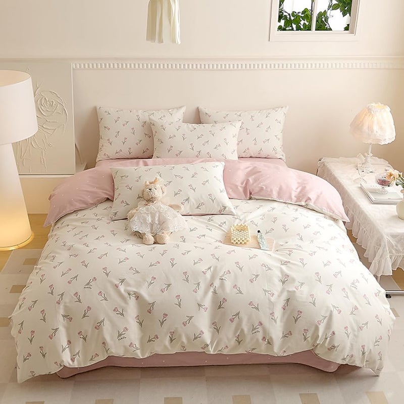 Nayoroom Pink Floral Duvet Cover Queen Size 100% Cotton Pink Tulip Printed on White Comforter Cover Reversible Heart Pattern 3Pcs Soft Breathable Cottagecore Bedding Set with Zipper Closure - Image 1
