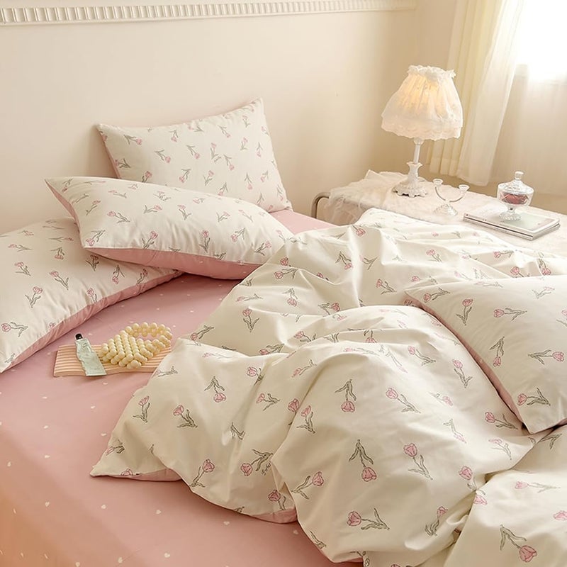 Nayoroom Pink Floral Duvet Cover Queen Size 100% Cotton Pink Tulip Printed on White Comforter Cover Reversible Heart Pattern 3Pcs Soft Breathable Cottagecore Bedding Set with Zipper Closure - Image 5