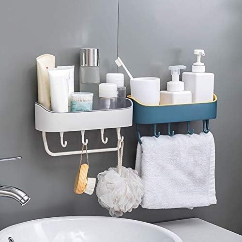 SHOPECOM Multipurpose Kitchen Bathroom Shelf Wall Holder Storage Rack Bathroom Rack Refrigerator Storage Box Strong Magic Sticker Shower Rack Shelf Towel Holder with 4 Hook Multicolour (Pack of 1) - Image 1