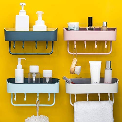 SHOPECOM Multipurpose Kitchen Bathroom Shelf Wall Holder Storage Rack Bathroom Rack Refrigerator Storage Box Strong Magic Sticker Shower Rack Shelf Towel Holder with 4 Hook Multicolour (Pack of 1) - Image 2
