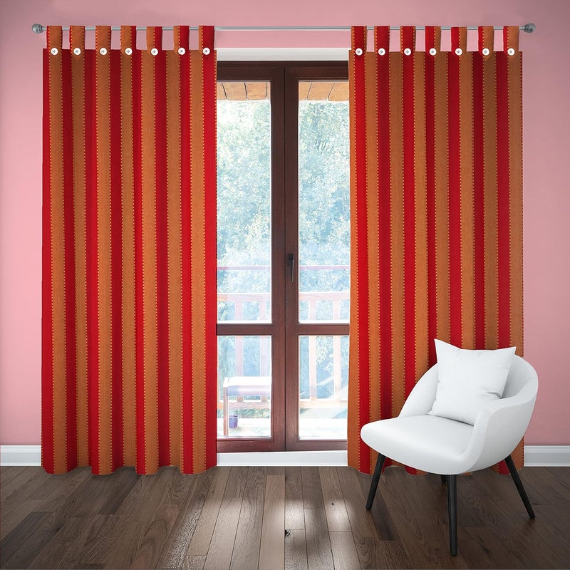 HOMEFLY HOMEFLY Red with Yellow Color Cotton Fabric Door Curtain Pack of 2 Pieces 7 Feet Stripes Loop