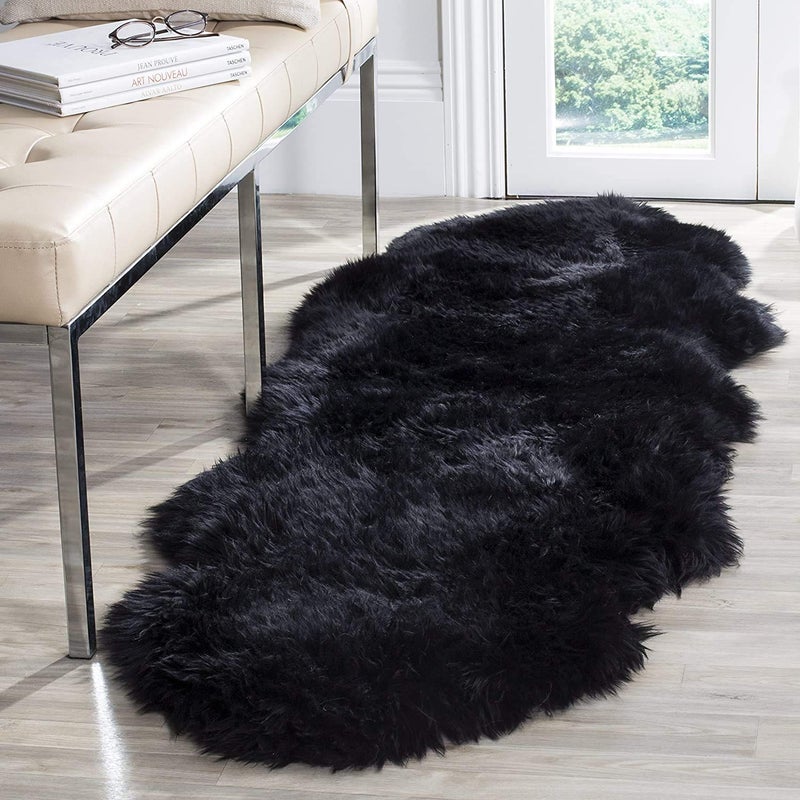 HUAHOO Premium Genuine Sheepskin Rug Black Real Australia Sheepskin Natural Luxury Fluffy Lambskin Fur Area Rug Seat Covers for Kids Bedroom Sofa Chair Cover Pets Dogs Mat Double Pelt2 x 6 Black