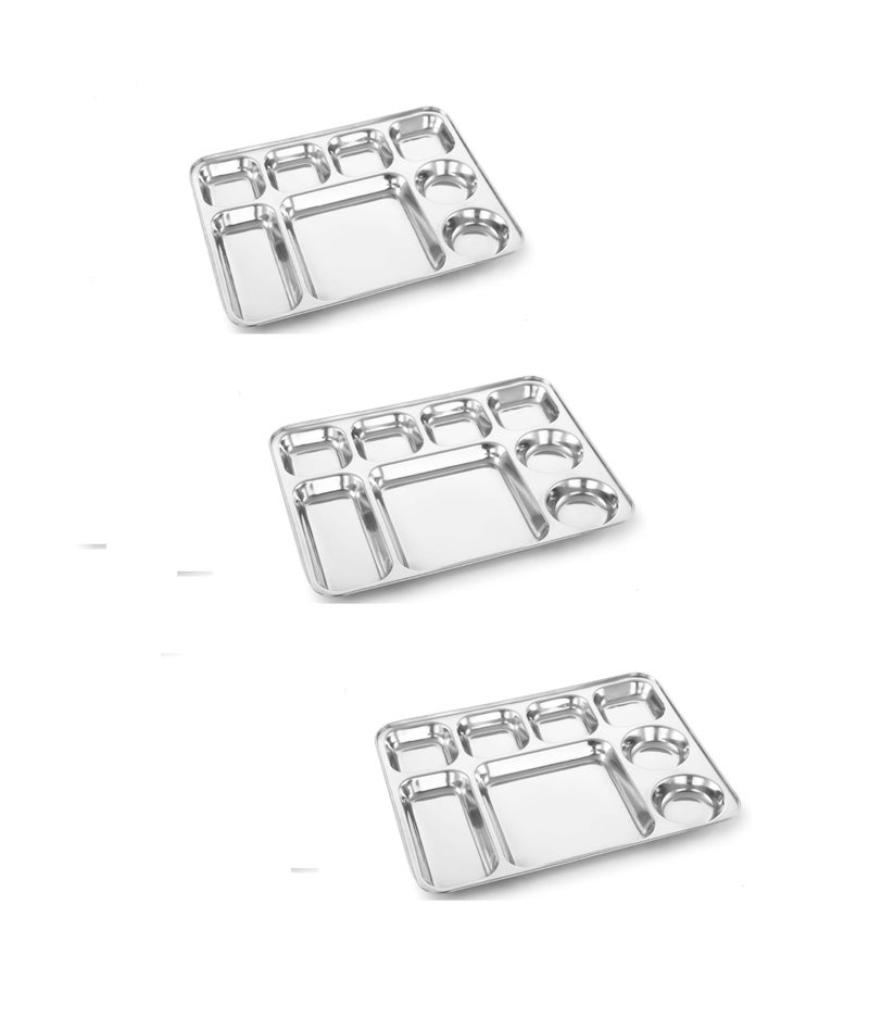 Damurhu Stainless Steel Rectangle Dinner Plate s / 8 Sections Divided Mess Trays for Kids Lunch, Camping, Events & Every Day Use Kitchenware, (Dia ; 39 cm x 30 cm x 3 cm) - Set of 3 Pcs, - Image 1