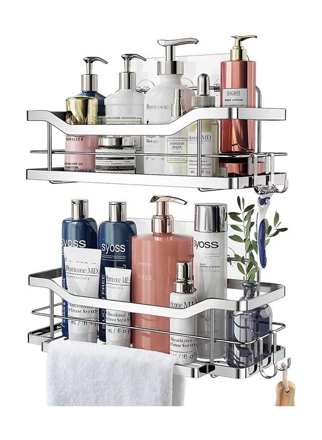 Raxoom 2-Tier Premium Stainless Steel Rustproof Adhesive Shower Shelf with 4 Hooks | No Drilling Bathroom Storage Wall Mounted Shower Organizer | for Bathroom, Toilet, Kitchen and Dorm - Image 1