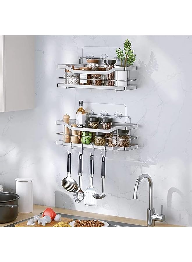 Raxoom 2-Tier Premium Stainless Steel Rustproof Adhesive Shower Shelf with 4 Hooks | No Drilling Bathroom Storage Wall Mounted Shower Organizer | for Bathroom, Toilet, Kitchen and Dorm - Image 4