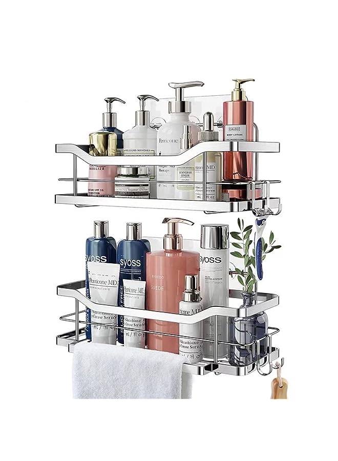 Raxoom 2-Tier Premium Stainless Steel Rustproof Adhesive Shower Shelf with 4 Hooks | No Drilling Bathroom Storage Wall Mounted Shower Organizer | for Bathroom, Toilet, Kitchen and Dorm - Image 2