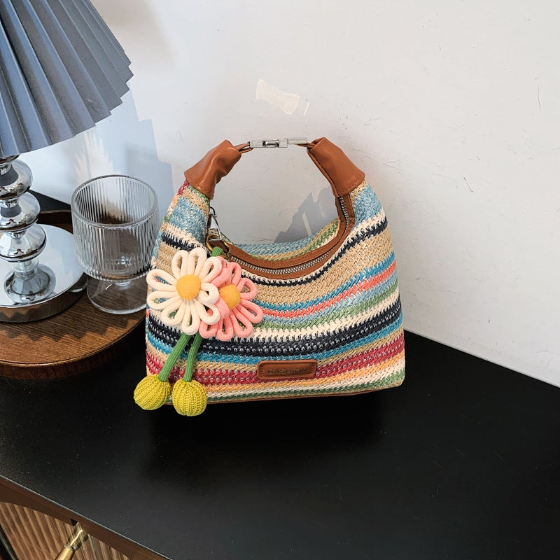 Rainbow Stripe Straw Woven Shoulder Bag for Women 2026 Summer Beach Vacation Tote - Image 3