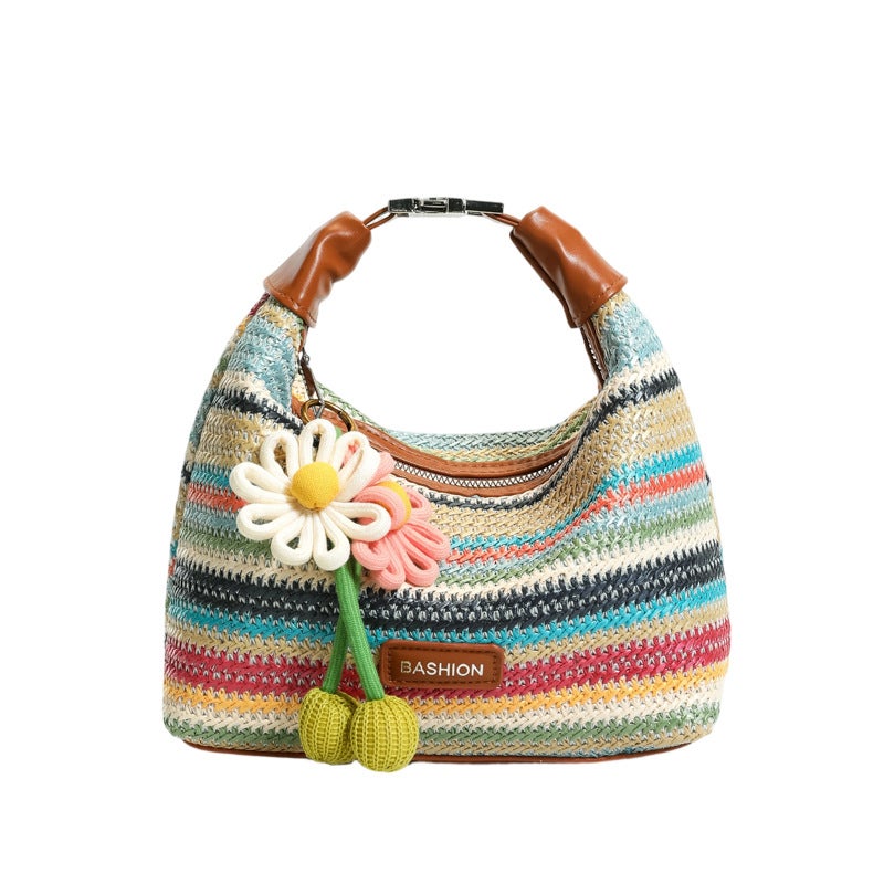 Rainbow Stripe Straw Woven Shoulder Bag for Women 2026 Summer Beach Vacation Tote - Image 5