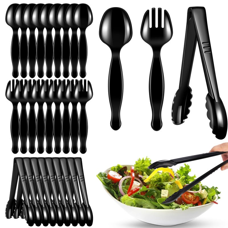 ALEXPRE 30 Pcs Disposable Black Plastic Serving Utensils,10 Set Including 9" Plastic Serving Spoons, Forks and Tongs for Dinner Parties, Buffets,Banquets, Events, Weddings, and Daily Use - Image 1