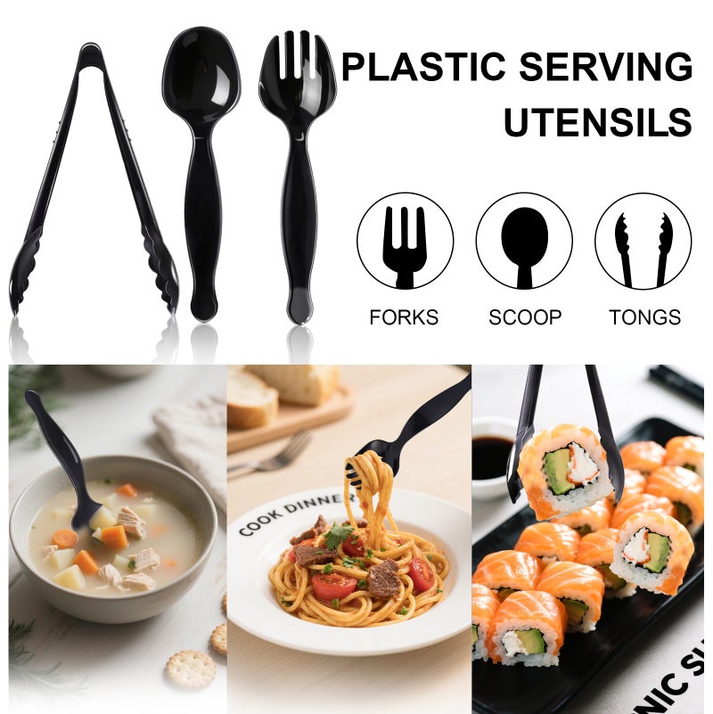 ALEXPRE 30 Pcs Disposable Black Plastic Serving Utensils,10 Set Including 9" Plastic Serving Spoons, Forks and Tongs for Dinner Parties, Buffets,Banquets, Events, Weddings, and Daily Use - Image 3