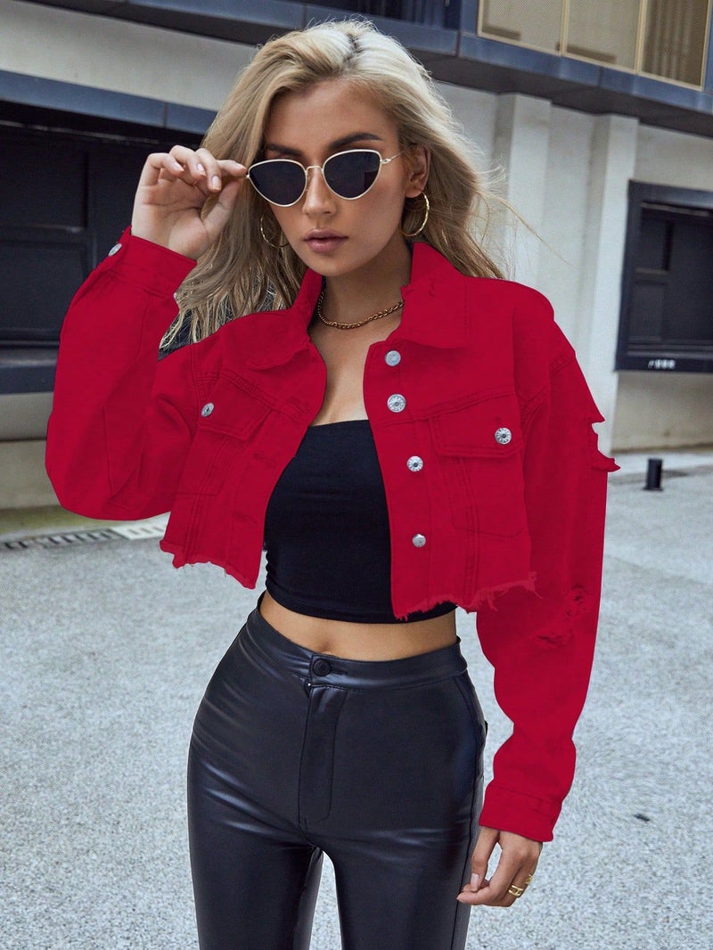 10022# Amazon Cross-border Womens Wear Europe and America INS Leisure Joker Boyfriend Wind Short Fashion Denim Short Jacket Bright red