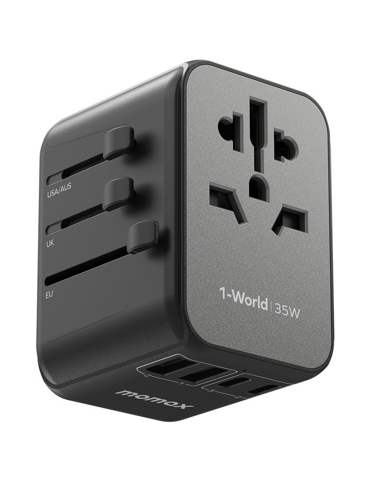Momax - MOMAX UA9D 1-World 35W 5-Port+AC Travel Adapter (2xUSB, 3xUSB-C PD3.0) Black - Image 1
