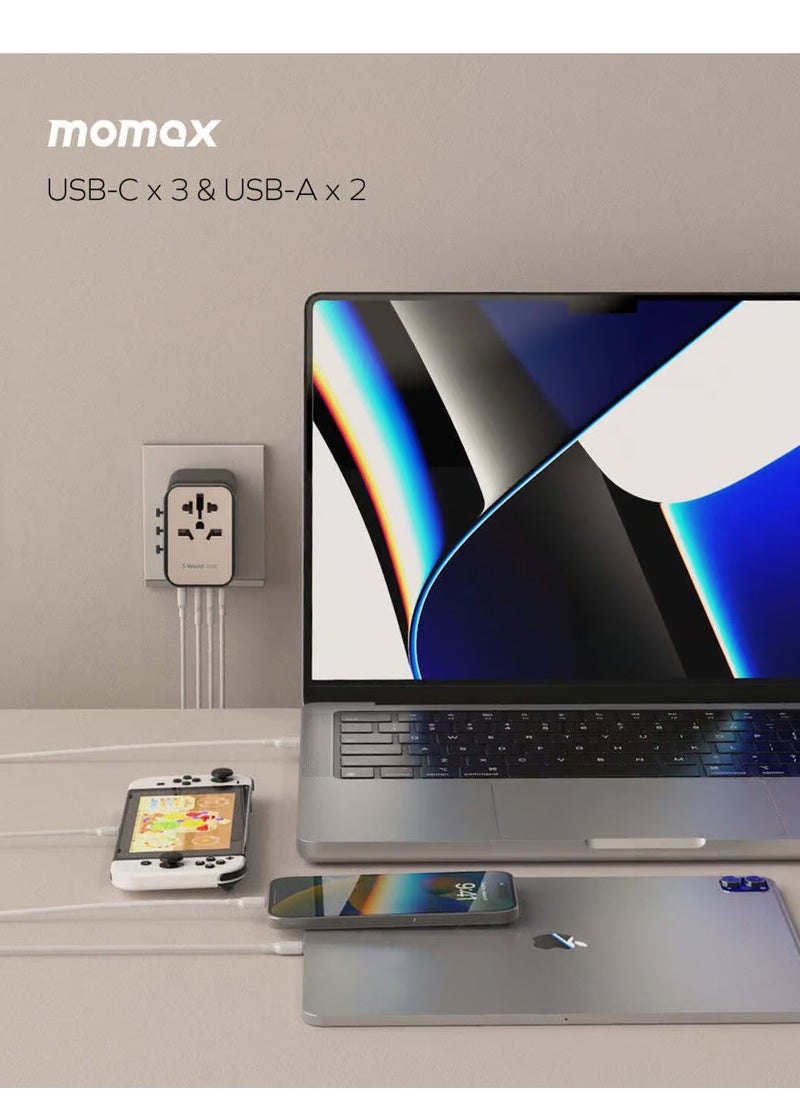 Momax - MOMAX UA9D 1-World 35W 5-Port+AC Travel Adapter (2xUSB, 3xUSB-C PD3.0) Black - Image 1