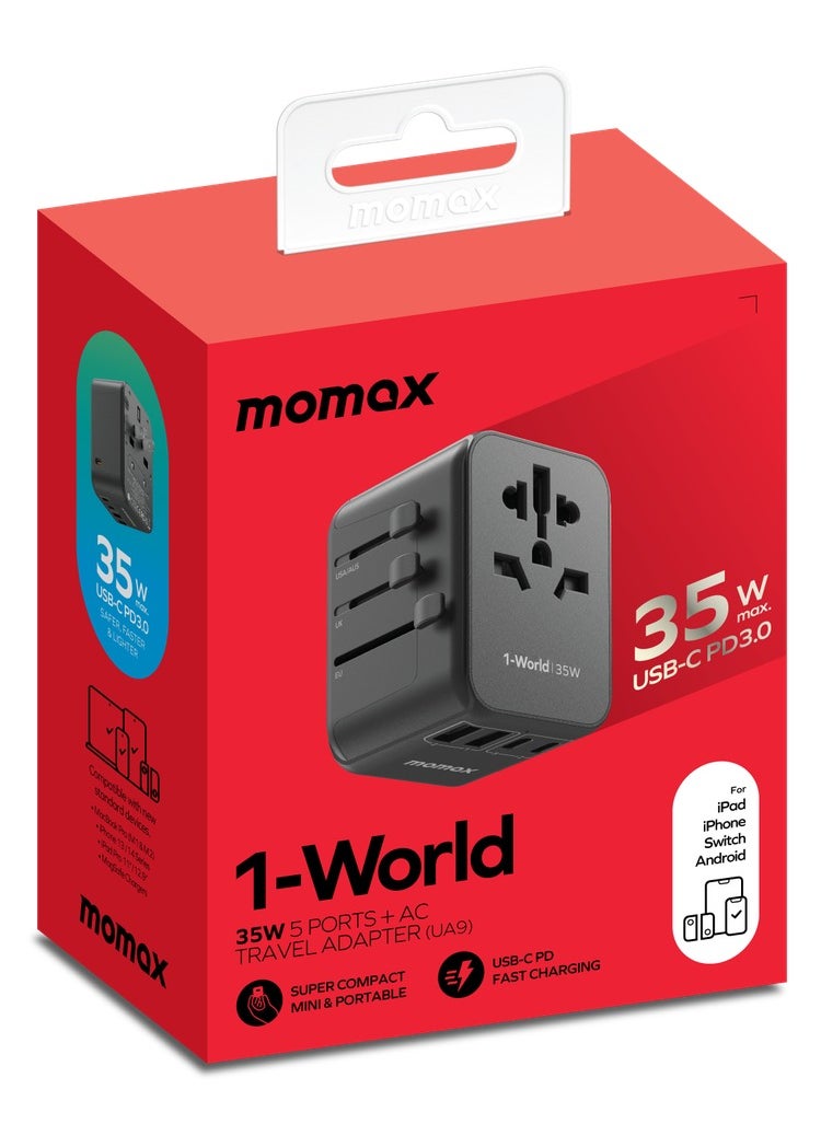 Momax - MOMAX UA9D 1-World 35W 5-Port+AC Travel Adapter (2xUSB, 3xUSB-C PD3.0) Black - Image 1