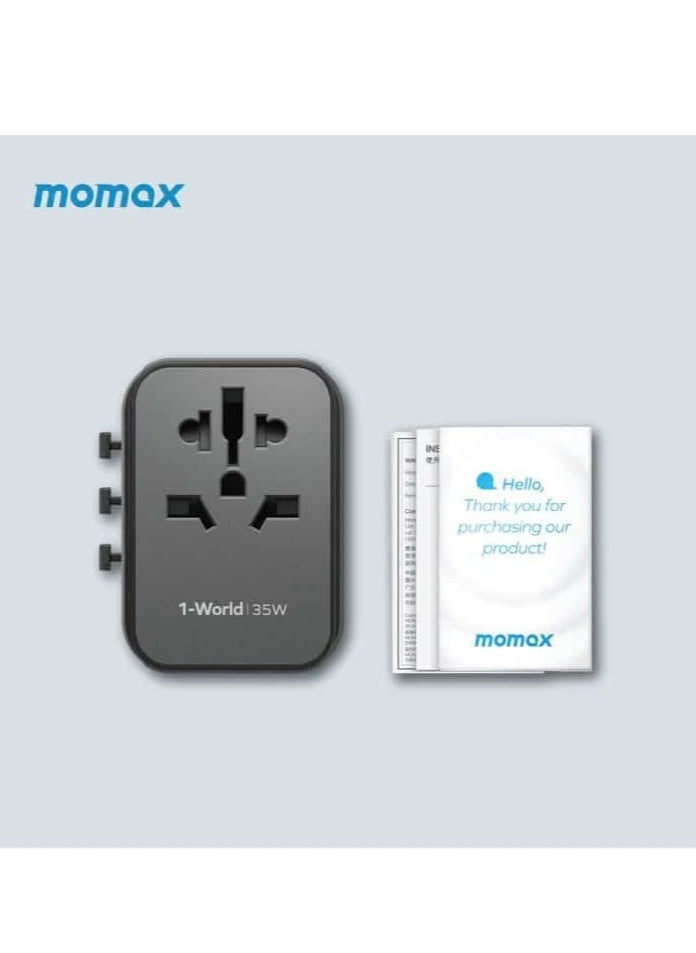 Momax - MOMAX UA9D 1-World 35W 5-Port+AC Travel Adapter (2xUSB, 3xUSB-C PD3.0) Black - Image 1