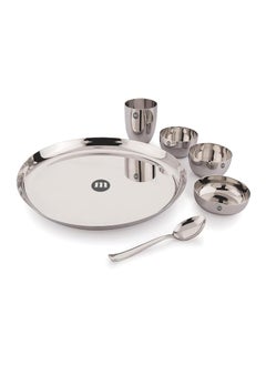 MARU MARU 6 Pieces Stainless Steel Dinner Set | Steel bartan Set for Kitchen | 1 Thali, 1 Halwa Plate, 2 Bowls, 1 Glass, 1 Spoon Steel Dinner Set of 6 - Silver (Size 13, 6pcs)  - Image 1
