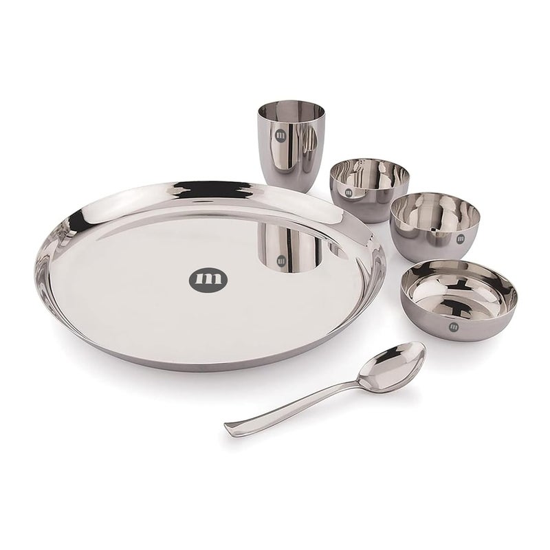 MARU 6 Pieces Stainless Steel Dinner Set | Steel bartan Set for Kitchen | 1 Thali, 1 Halwa Plate, 2 Bowls, 1 Glass, 1 Spoon Steel Dinner Set of 6 - Silver (Size 13, 6pcs) - Image 1