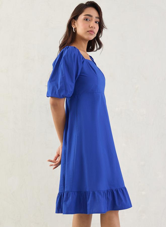 Femmella Blue Poplin Square Neck A-Line Midi Dress with Smocked Back - Image 3