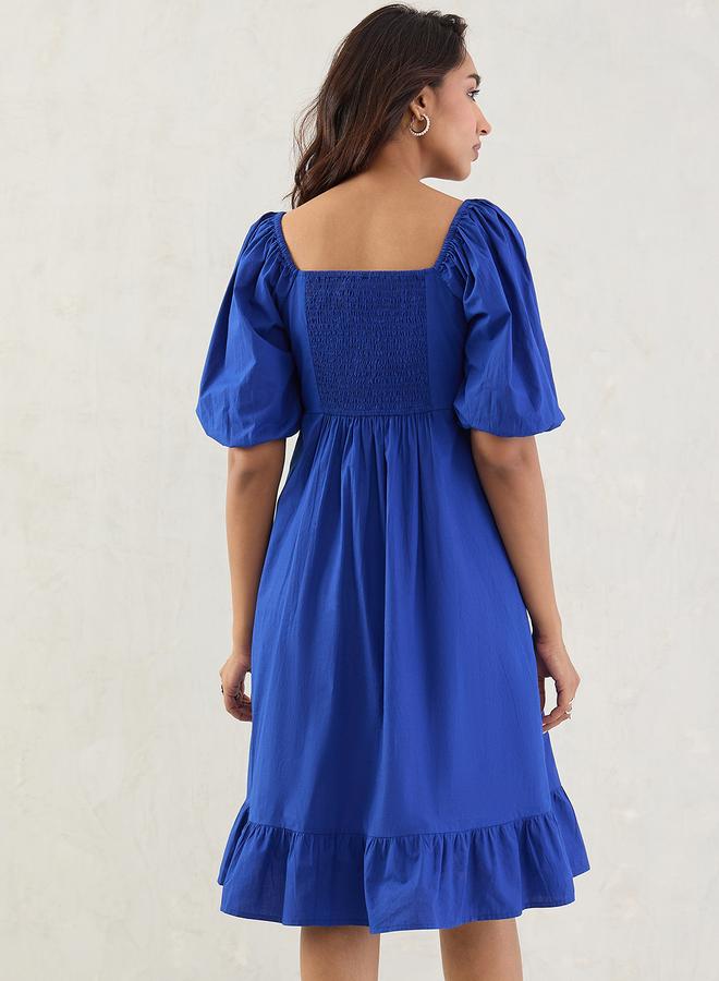 Femmella Blue Poplin Square Neck A-Line Midi Dress with Smocked Back - Image 2
