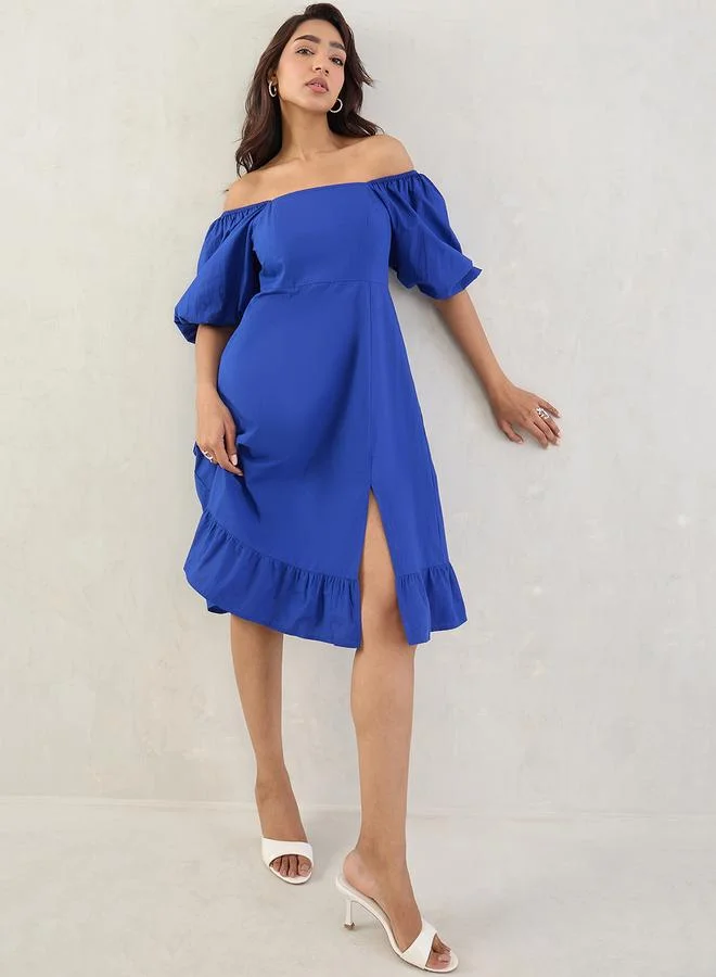 Femmella Femmella Blue Poplin Square Neck A-Line Midi Dress with Smocked Back