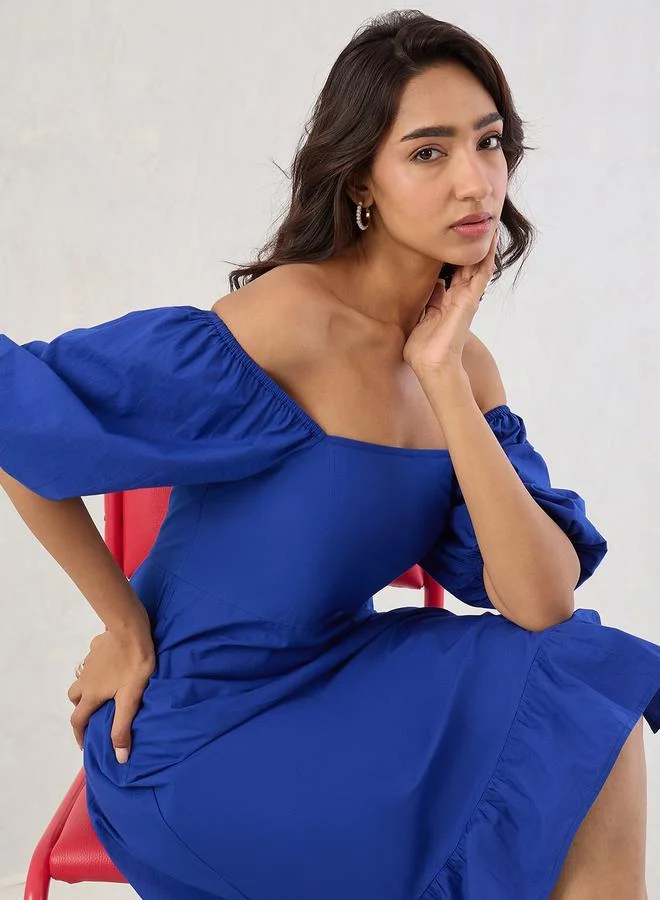 Femmella Femmella Blue Poplin Square Neck A-Line Midi Dress with Smocked Back