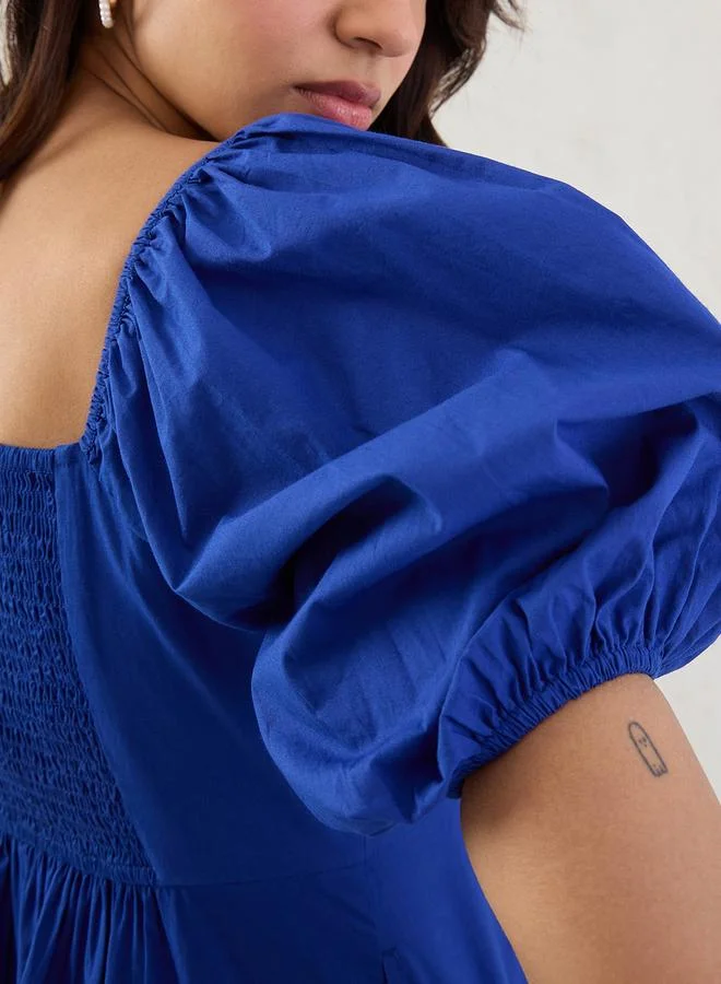 Femmella Femmella Blue Poplin Square Neck A-Line Midi Dress with Smocked Back