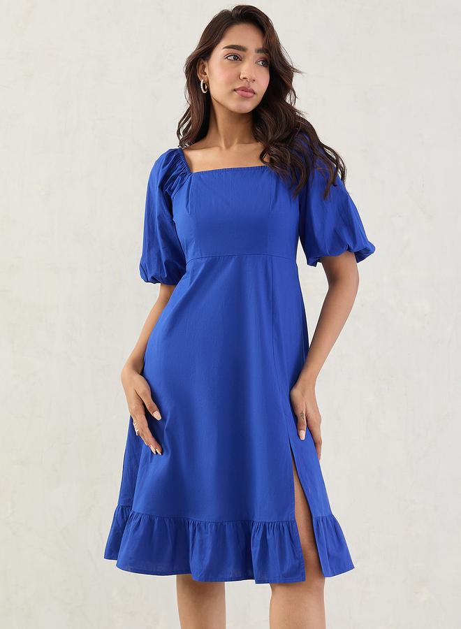 Femmella Blue Poplin Square Neck A-Line Midi Dress with Smocked Back - Image 1