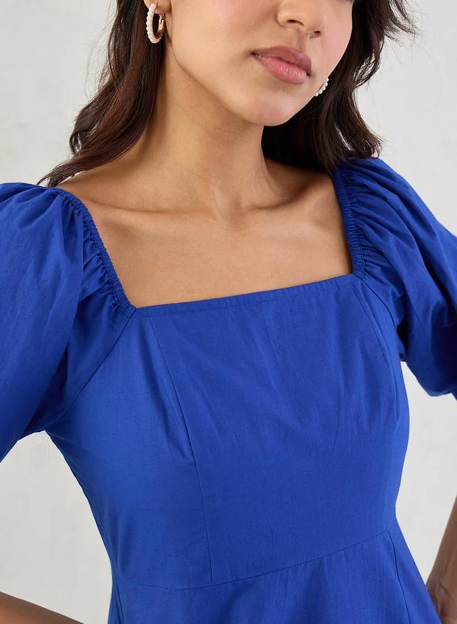 Femmella Femmella Blue Poplin Square Neck A-Line Midi Dress with Smocked Back