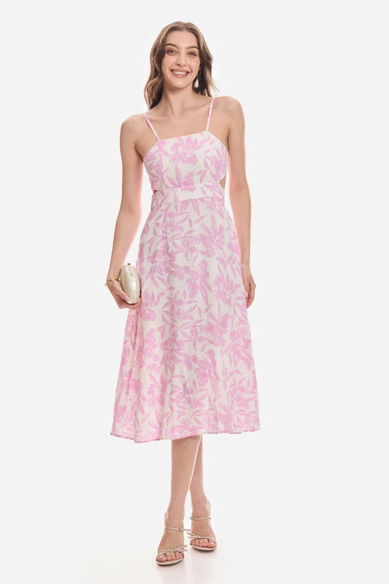 All Over Print Viscose Back Cut Out Midi Dress for Women