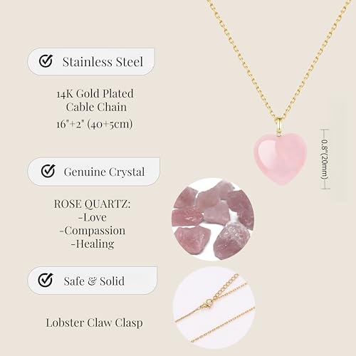 COAI 18K Gold Plated Stainless Steel Heart Necklace for Women, Rose Quartz Necklace for Women - Image 3