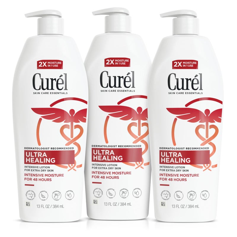 Curel Ultra Healing Intensive Fragrance-Free Lotion For Extra-Dry Skin, Dermatologist Recommended, Ideal for Sensitive Skin, Cruelty Free, Paraben Free, 13 Oz, Pack of 3 - Image 1
