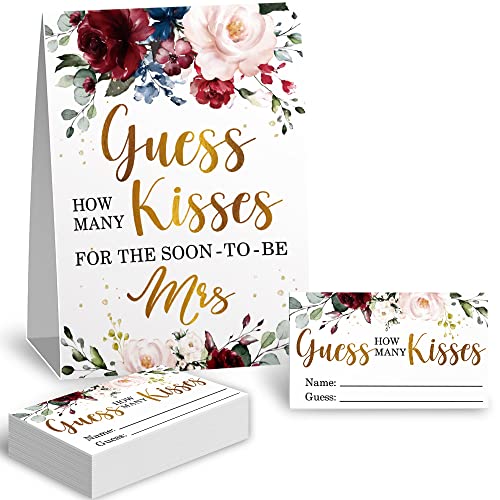 Kadiak Guess How Many Kisses in the Jar Bridal Shower Game Bridal Shower Game Wedding Shower Games Bachelorette Party Night Floral Party Game Cards Bridal Party Decorations 1 Sign 50 Cards Set - Image 1