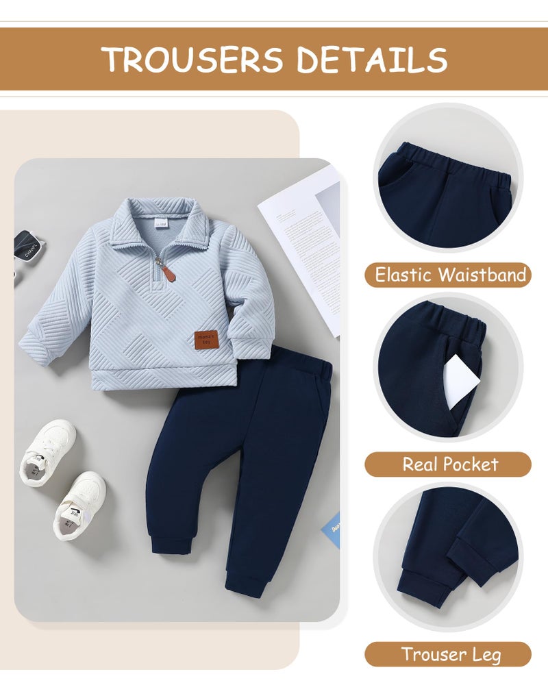 ZOEREA Toddler Baby Boy Clothes Outfits Long Sleeve Solid Sweatshirt and Pants 2 Piece Fall Winter Sweatsuit Set Blue 12-18 Months - Image 2