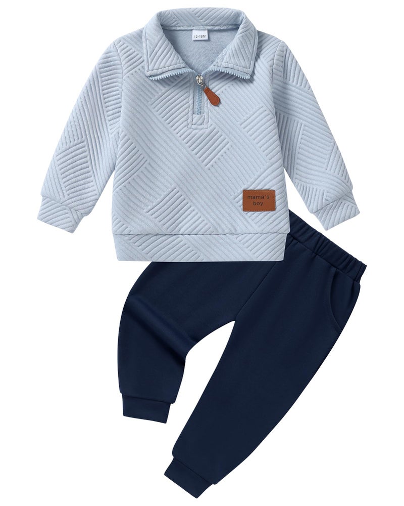 ZOEREA Toddler Baby Boy Clothes Outfits Long Sleeve Solid Sweatshirt and Pants 2 Piece Fall Winter Sweatsuit Set Blue 12-18 Months - Image 1