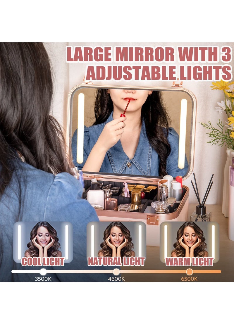 SYOSI Makeup Travel Lighted Case with Large LED Light Mirror Coetic Bag Organizer Professional Adjustable Divider Storage, Waterproof Portable Make up Train Box Accessories And Tools Case (Pink) - Image 3