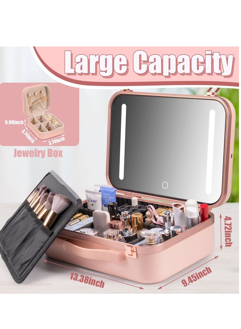 SYOSI Makeup Travel Lighted Case with Large LED Light Mirror Coetic Bag Organizer Professional Adjustable Divider Storage, Waterproof Portable Make up Train Box Accessories And Tools Case (Pink) - Image 2